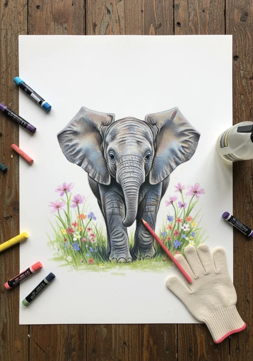 Artist drawing an elephant calf standing in a flower meadow in pastel