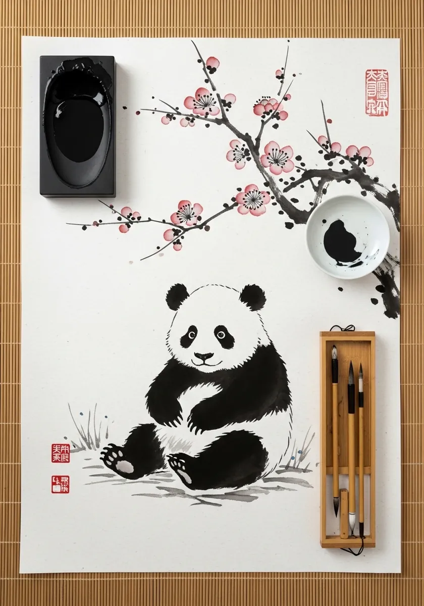 Artist painting a panda cub in sumi-e ink with a blossom branch above
