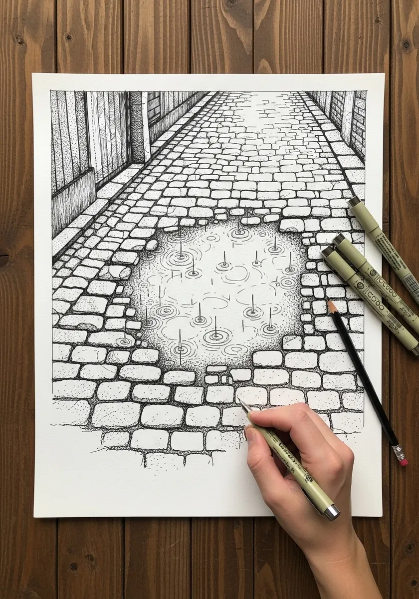 Artist drawing a puddle on a cobbled path in fine black ink