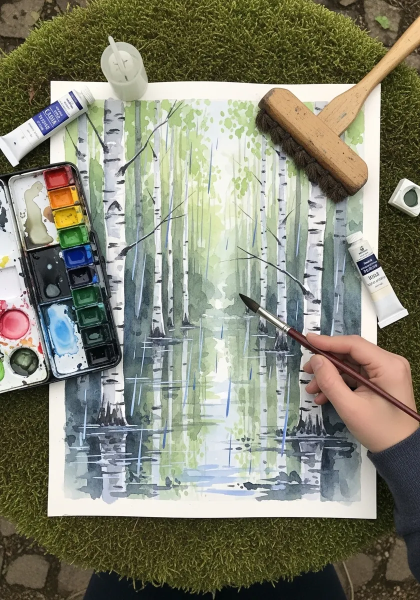 Artist painting birch trees reflected in shallow water with watercolor