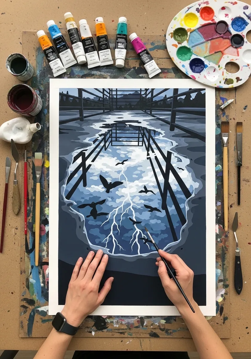 Artist painting a stormy sky reflected in a puddle with lightning