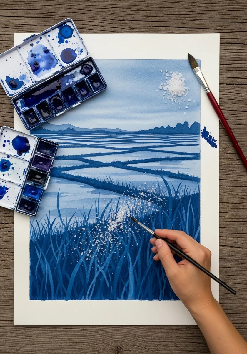 Artist painting a flooded field entirely in shades of blue