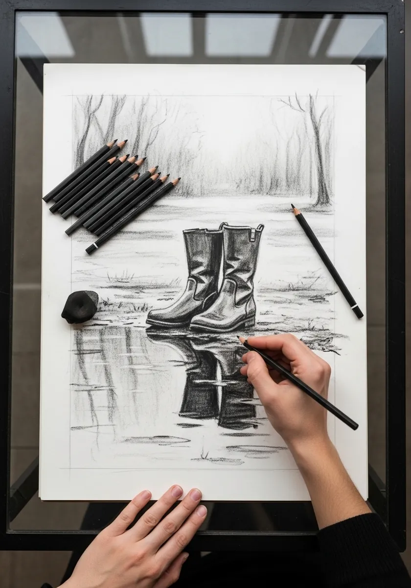 Artist drawing a pair of wellington boots and their reflection in pencil