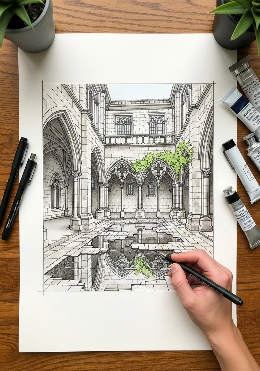 Artist drawing a cathedral cloister with a flooded floor in fine ink
