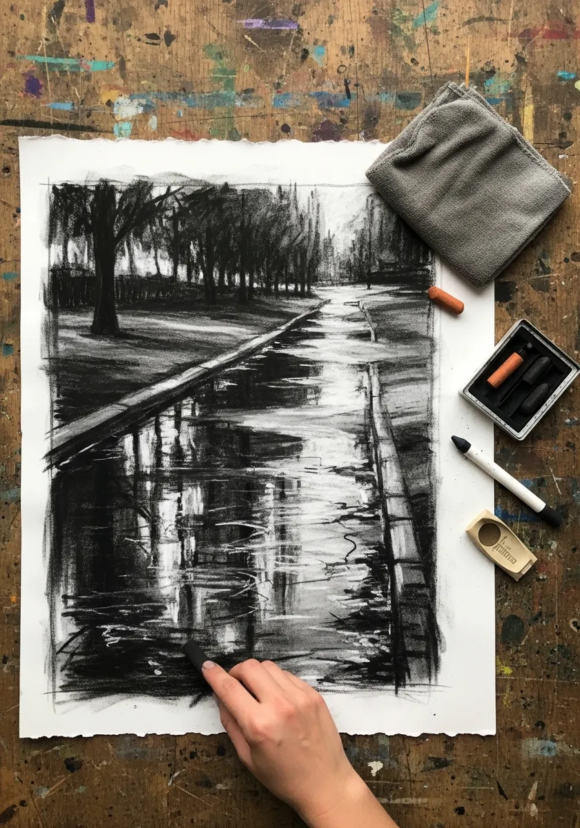 Artist drawing an avenue of trees along a wet road in charcoal
