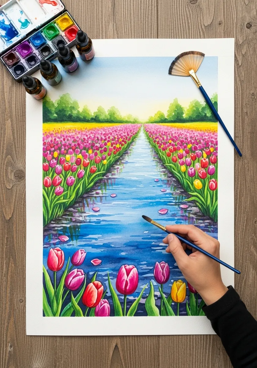 Artist painting a tulip field with a stream running through it