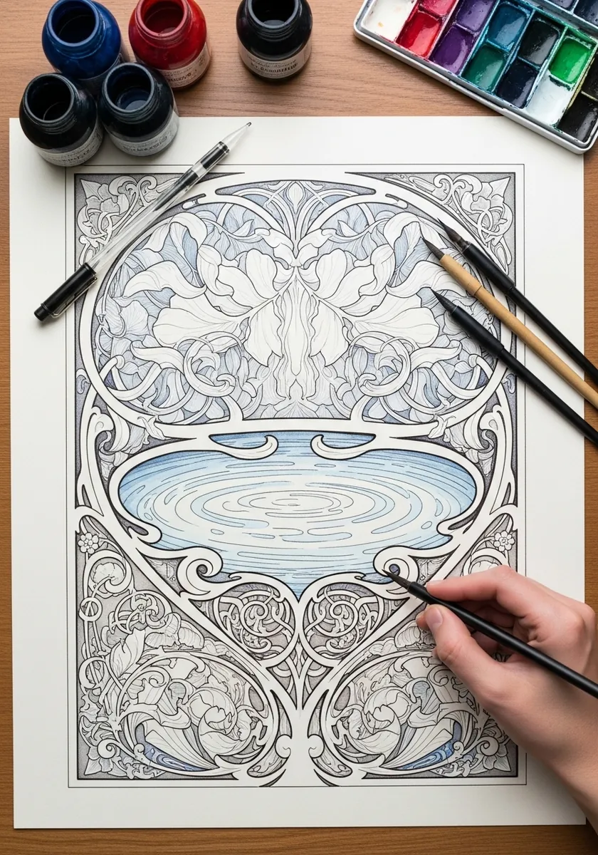 Artist drawing a decorative art nouveau panel around a painted puddle