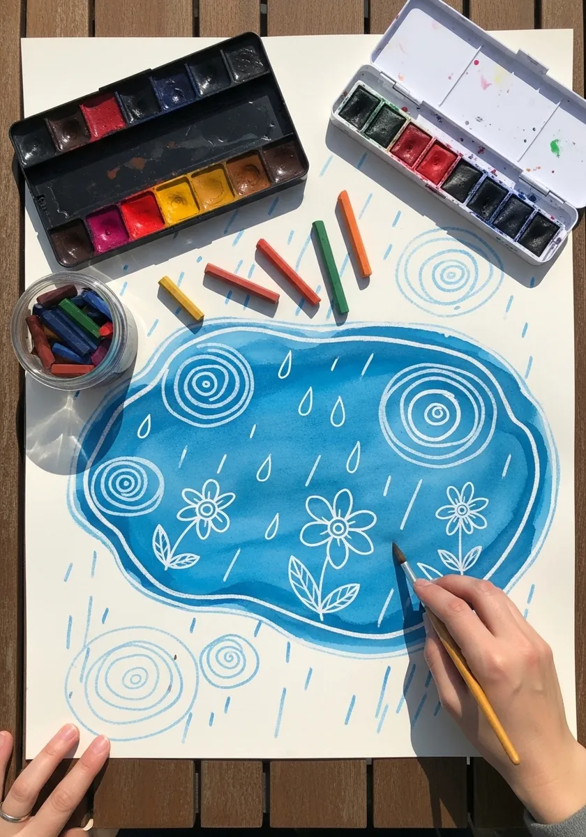 Artist drawing a flat graphic blue puddle with simple rain marks