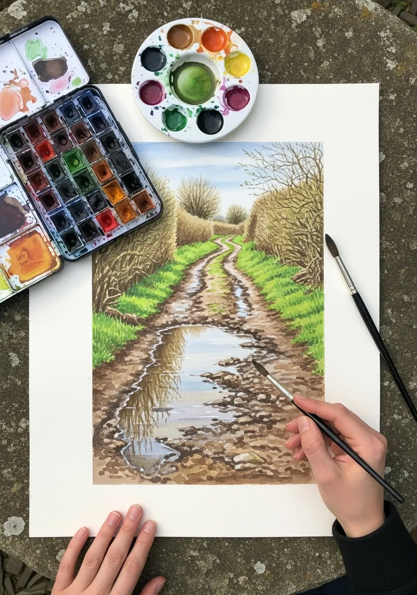 Artist coloring a muddy rutted country lane with colored pencils