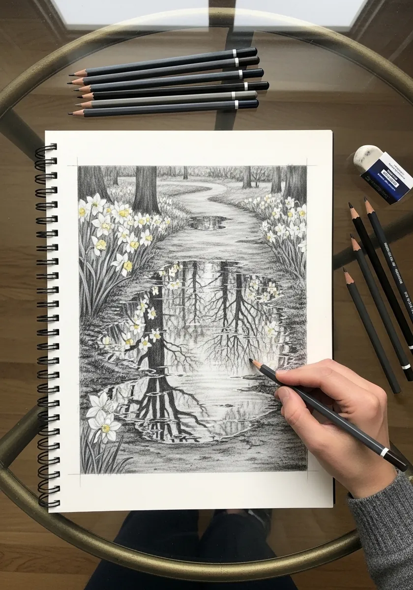Artist drawing a park path with daffodils and a wet track in graphite