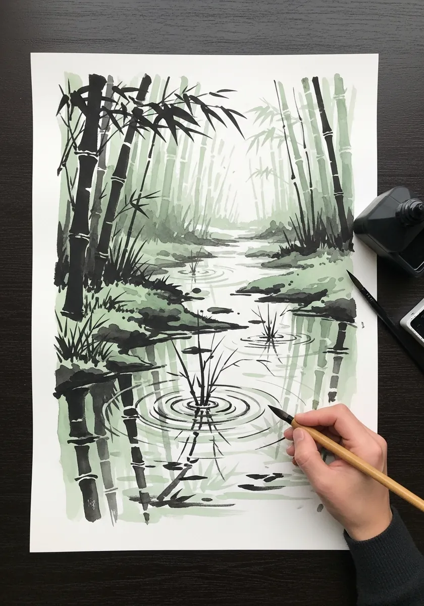 Artist painting bamboo beside water with rain rings in sumi-e ink