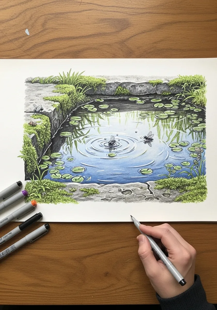 Artist drawing a small pond with lily pads and raindrops in marker
