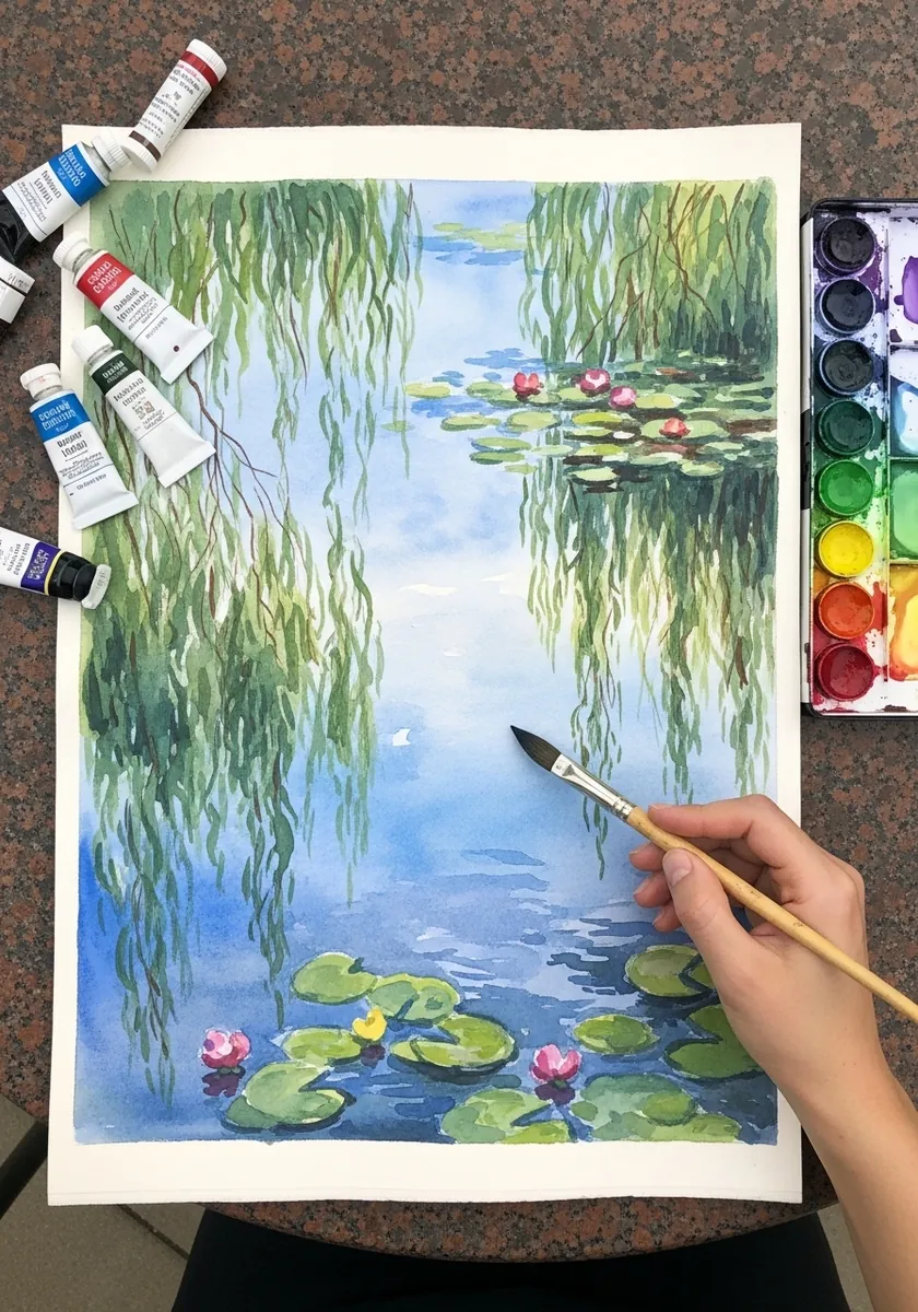 Artist painting willow branches over water lilies in watercolor