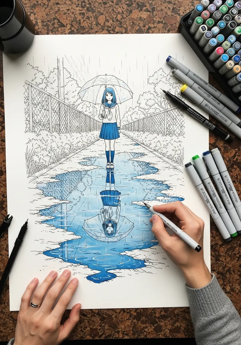 Artist drawing a girl with an umbrella and her reflection in marker
