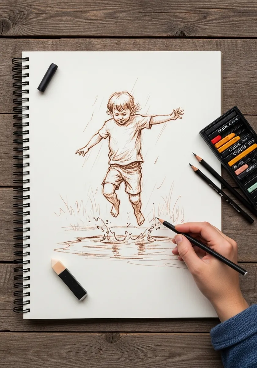 Artist sketching a child jumping into a puddle with a splash
