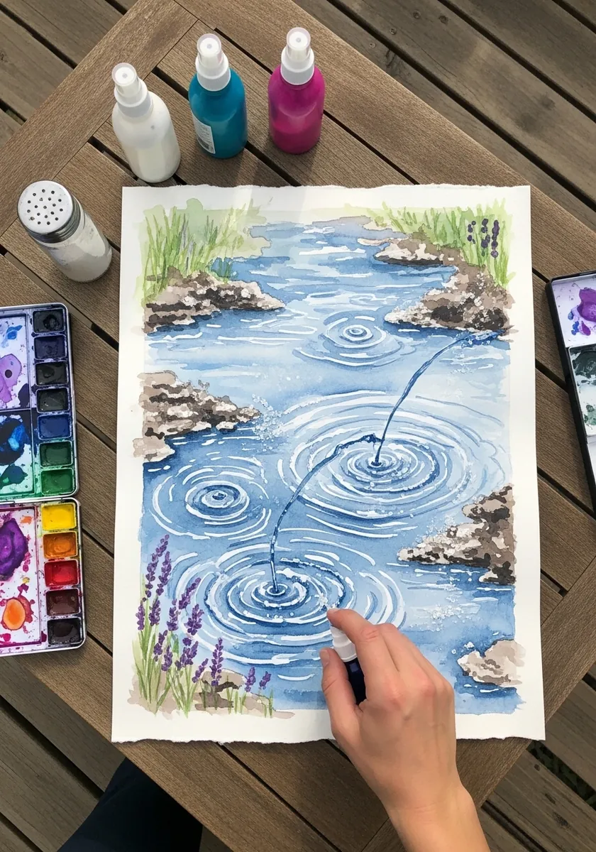 Artist painting a shallow stream running over stones with ripples
