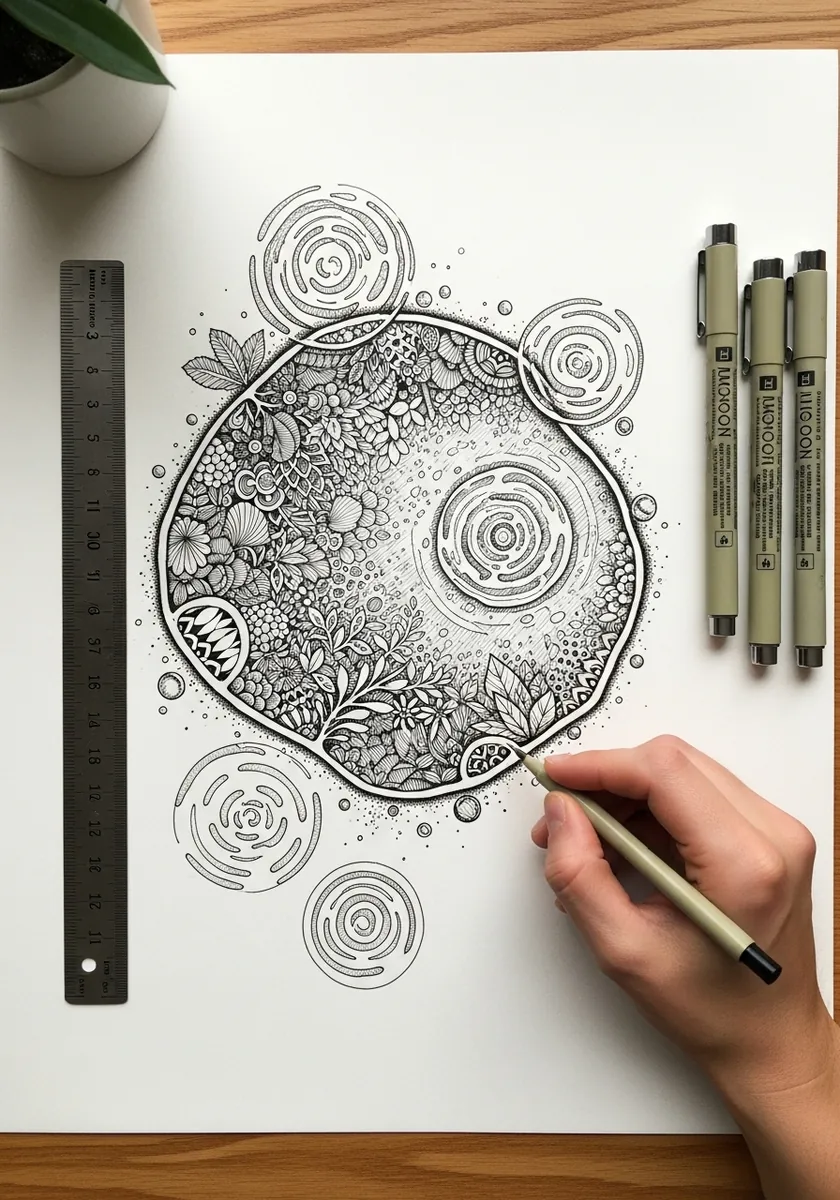 Artist drawing a decorative mandala puddle in fine liner