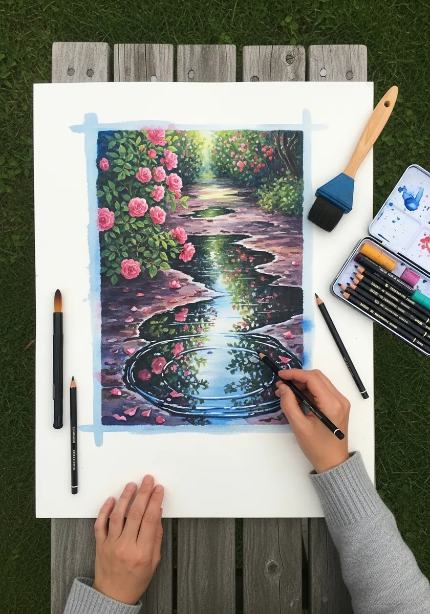 Artist coloring a stream lined with flowering shrubs in colored pencil