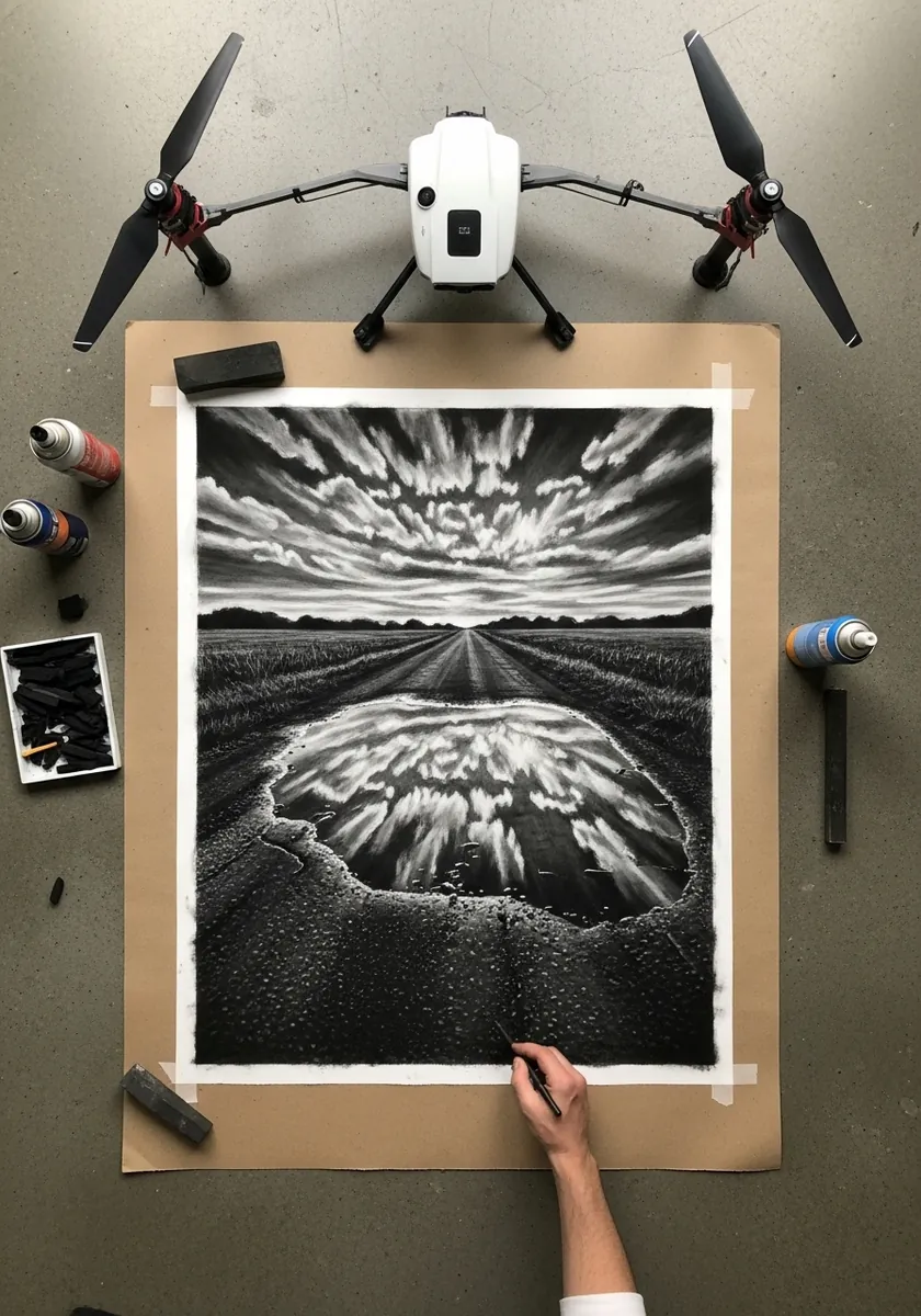 Artist drawing a dramatic cloudscape reflected on wet sand in charcoal