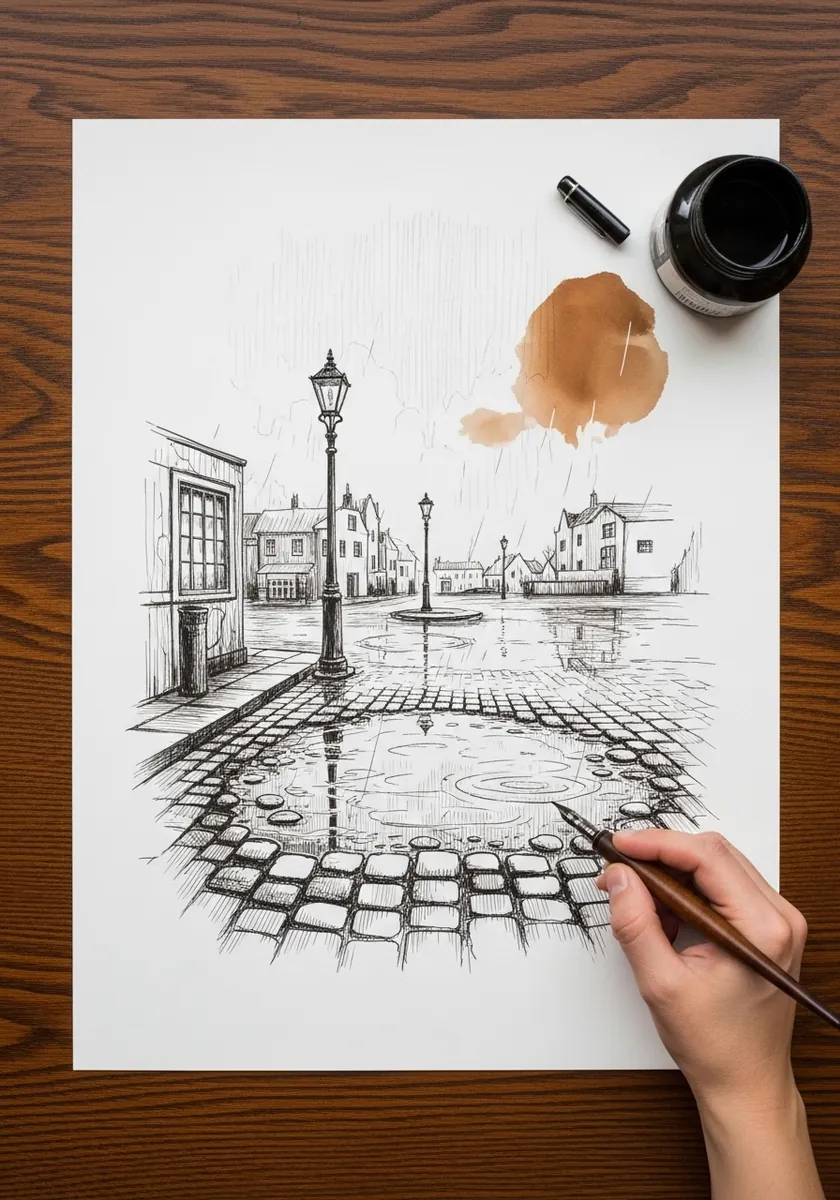 Artist drawing a town square with wet cobbles in fine ink