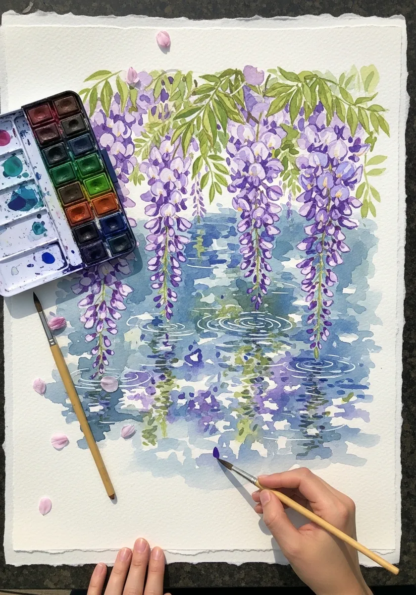 Artist painting hanging wisteria reflected in still water with watercolor