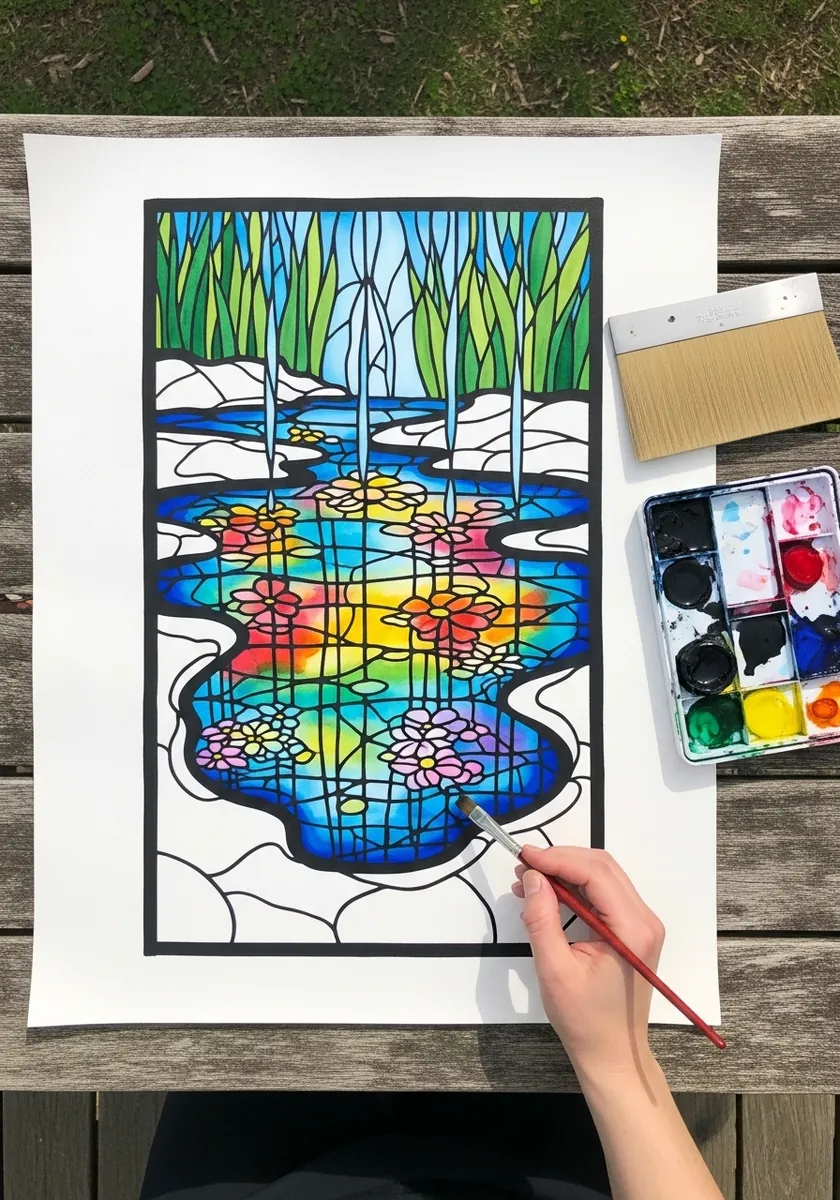 Artist painting a stained glass style puddle with bold black outlines