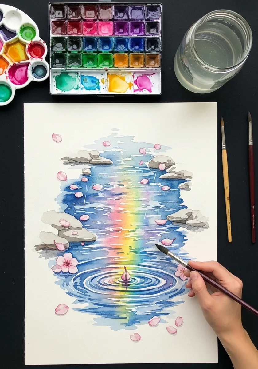 Artist painting a rainbow reflected in a puddle with soft watercolor