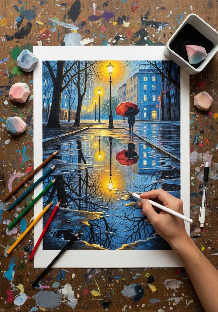 Artist painting a rainy city street at night with glowing lamps in acrylic