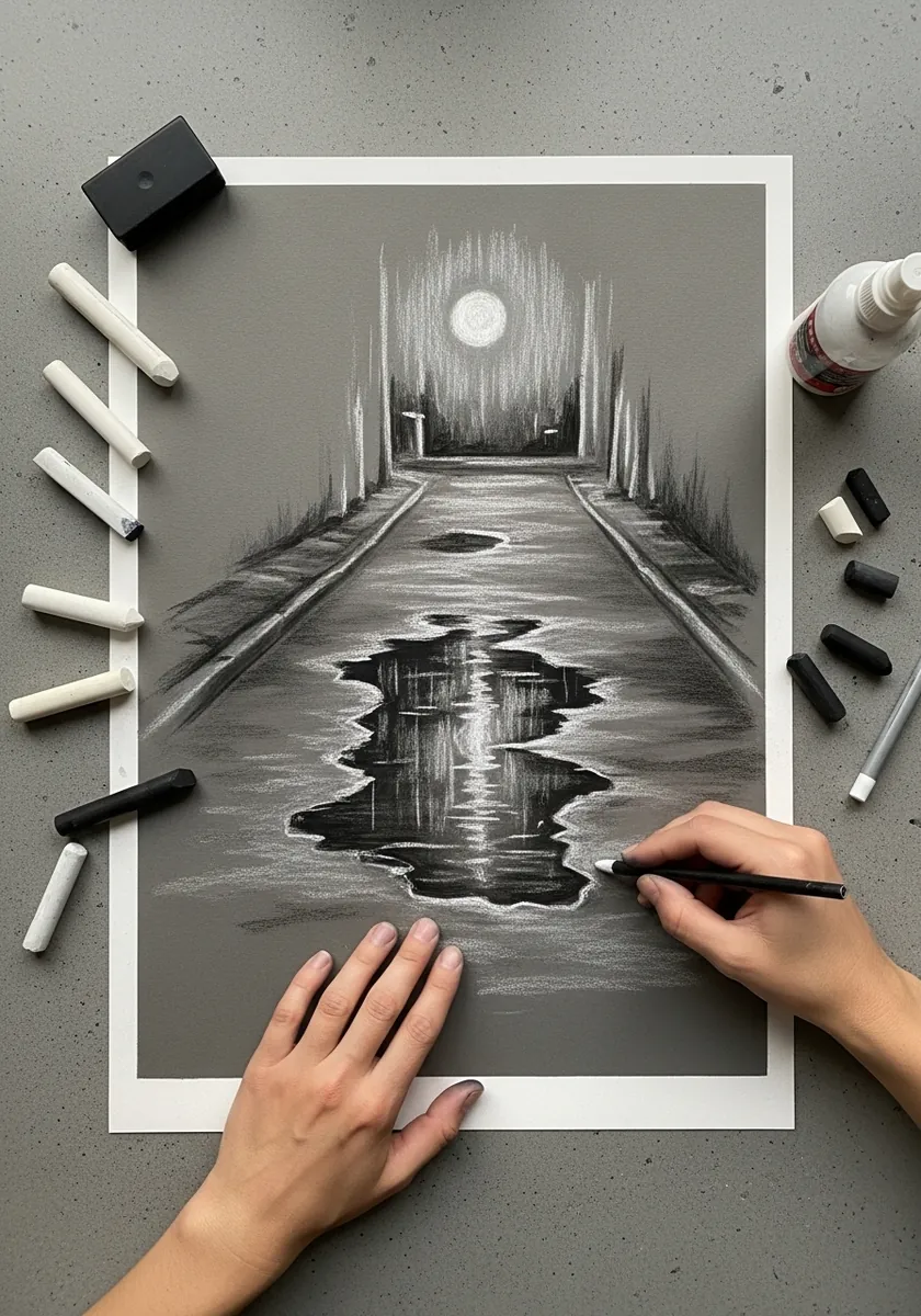 Artist drawing a wet street under a full moon in charcoal