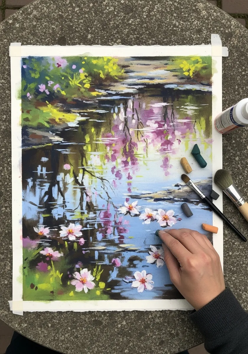 Artist painting blossom petals floating on still water in pastel