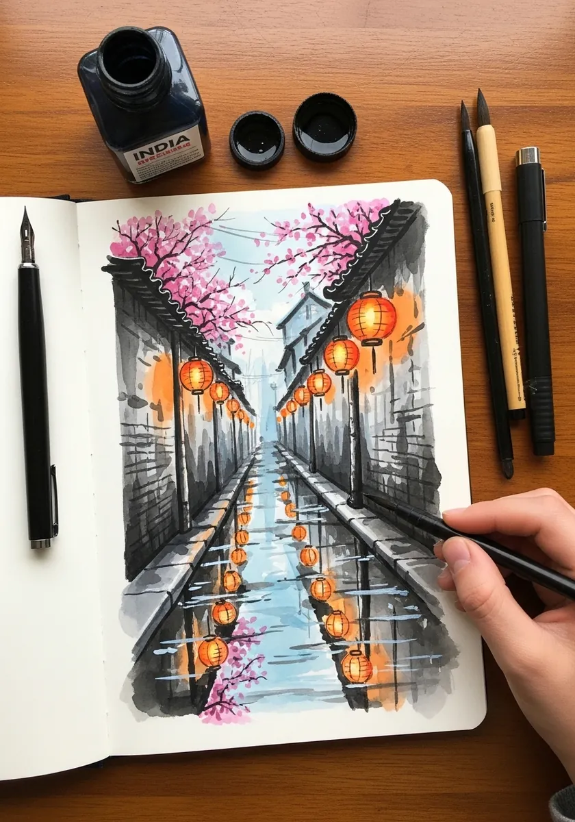 Artist painting a narrow alley with lanterns and blossom in ink and watercolor