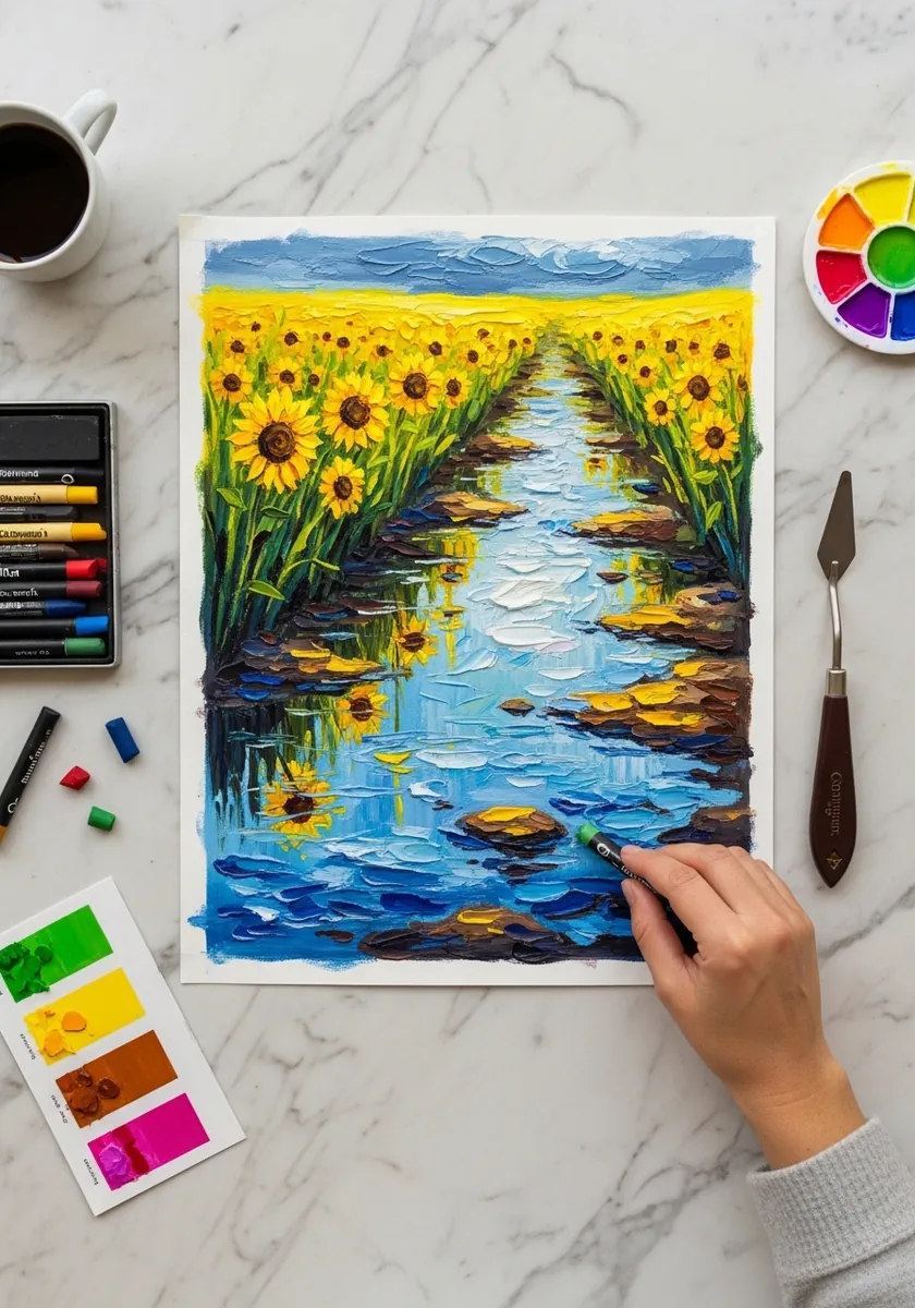 Artist painting a sunflower field with a flooded track in thick impasto