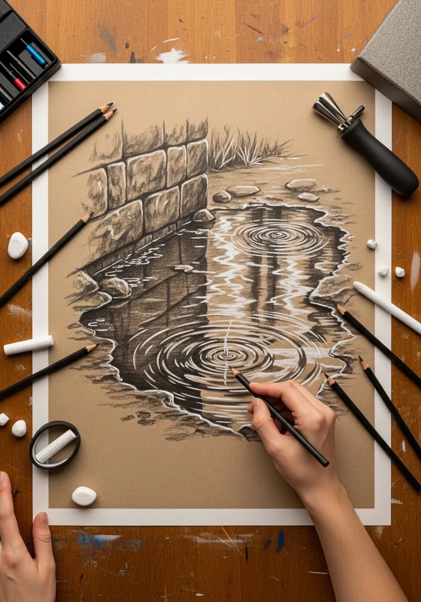 Artist drawing concentric ripples in a puddle on kraft paper