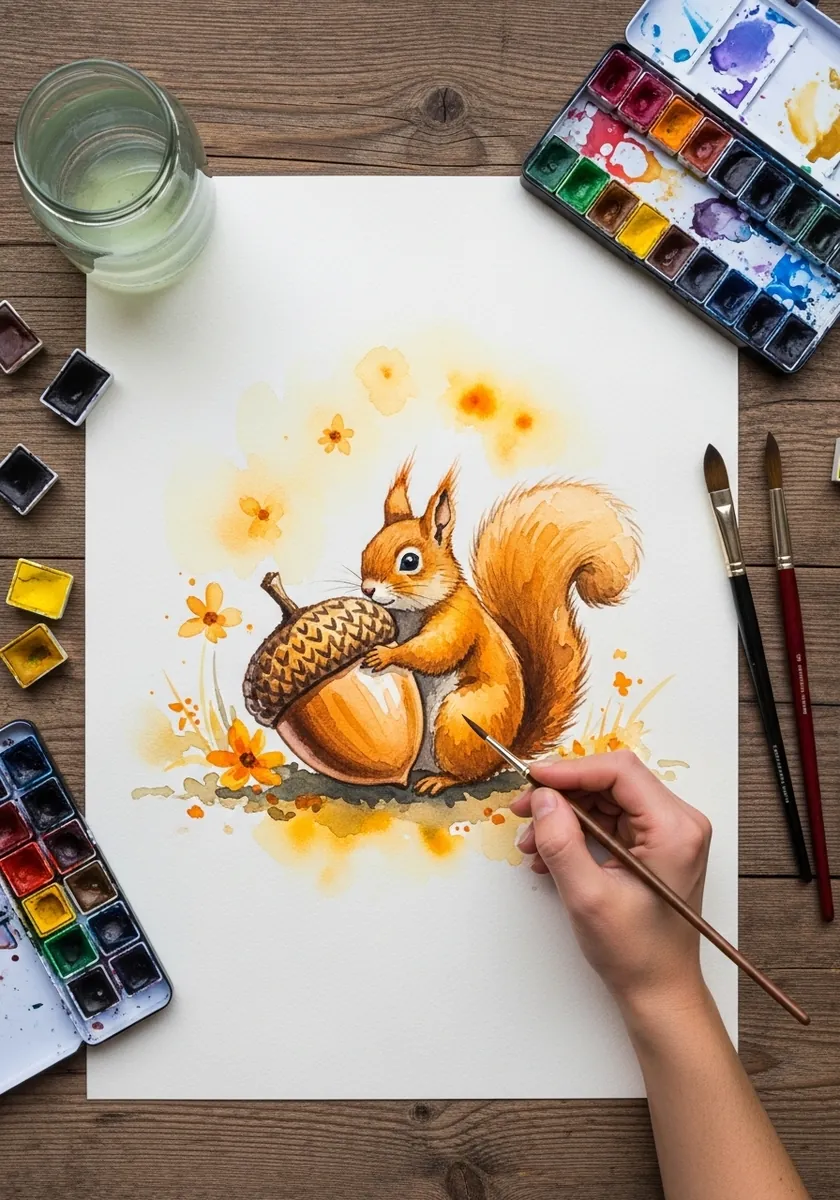Watercolor drawing of an orange squirrel hugging a large acorn with yellow splashes around it