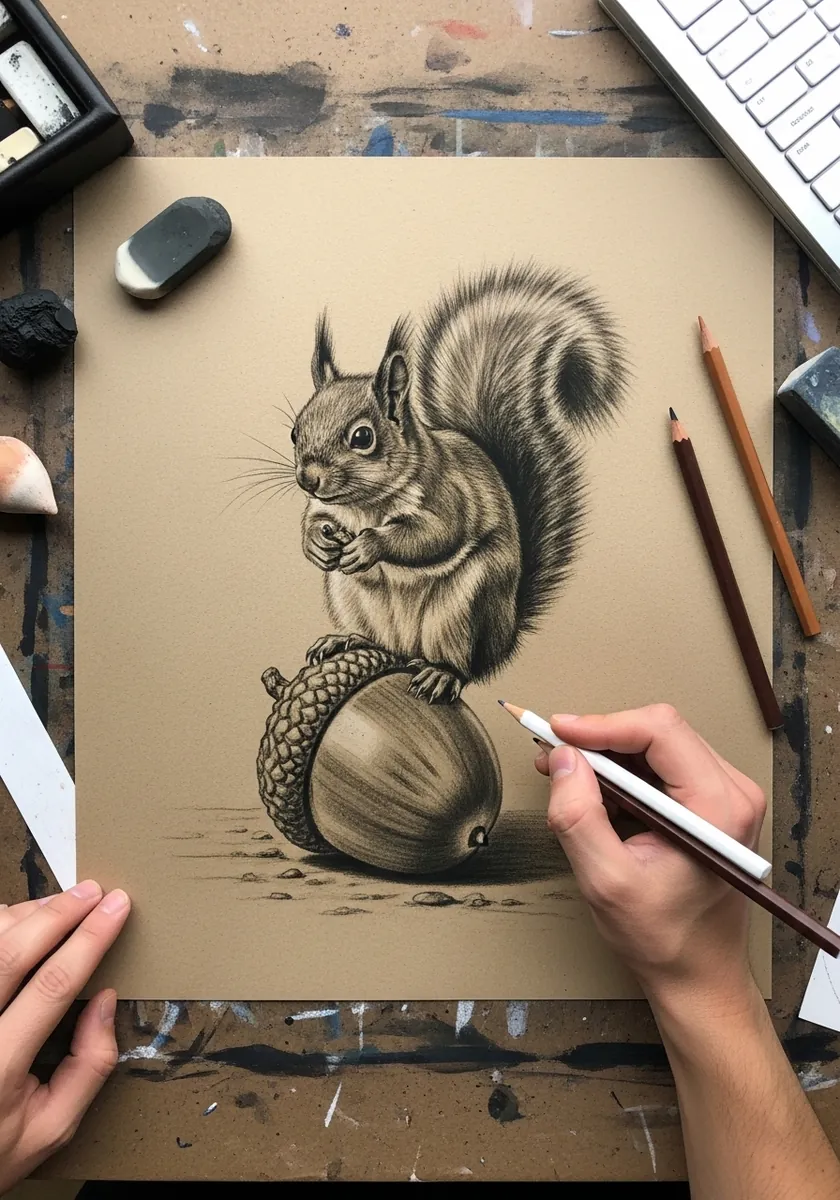 Graphite squirrel drawing on warm tan toned paper with a large acorn and soft shadows