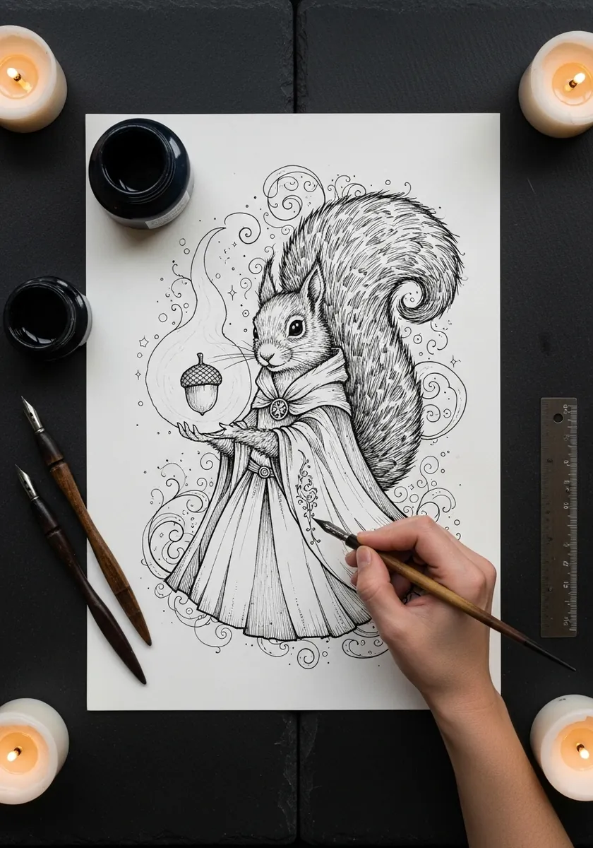Fine ink drawing of a squirrel in a flowing dress holding an acorn like a lantern