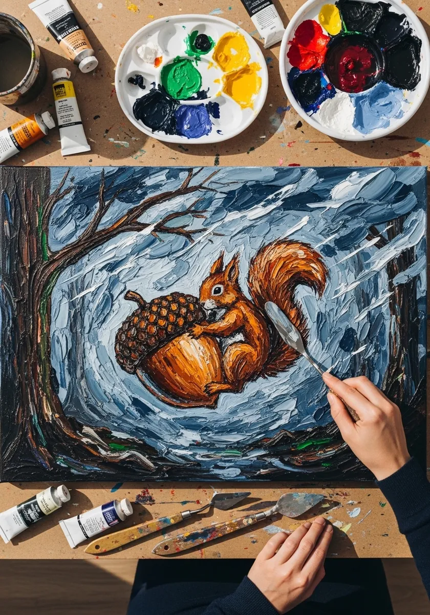 Thickly painted squirrel with an acorn surrounded by swirling blue and brown brushstrokes