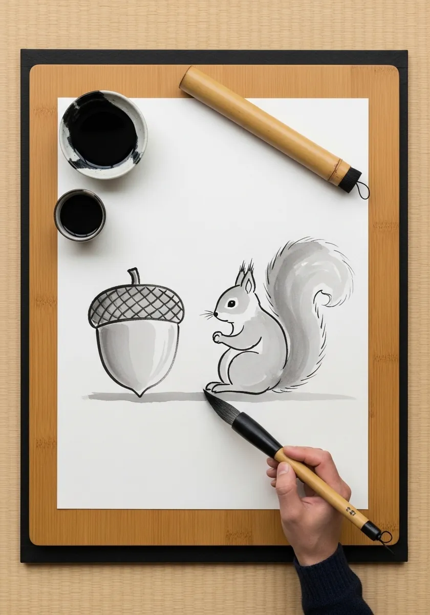 Minimal Japanese brush drawing of an acorn and a small gray squirrel on white paper