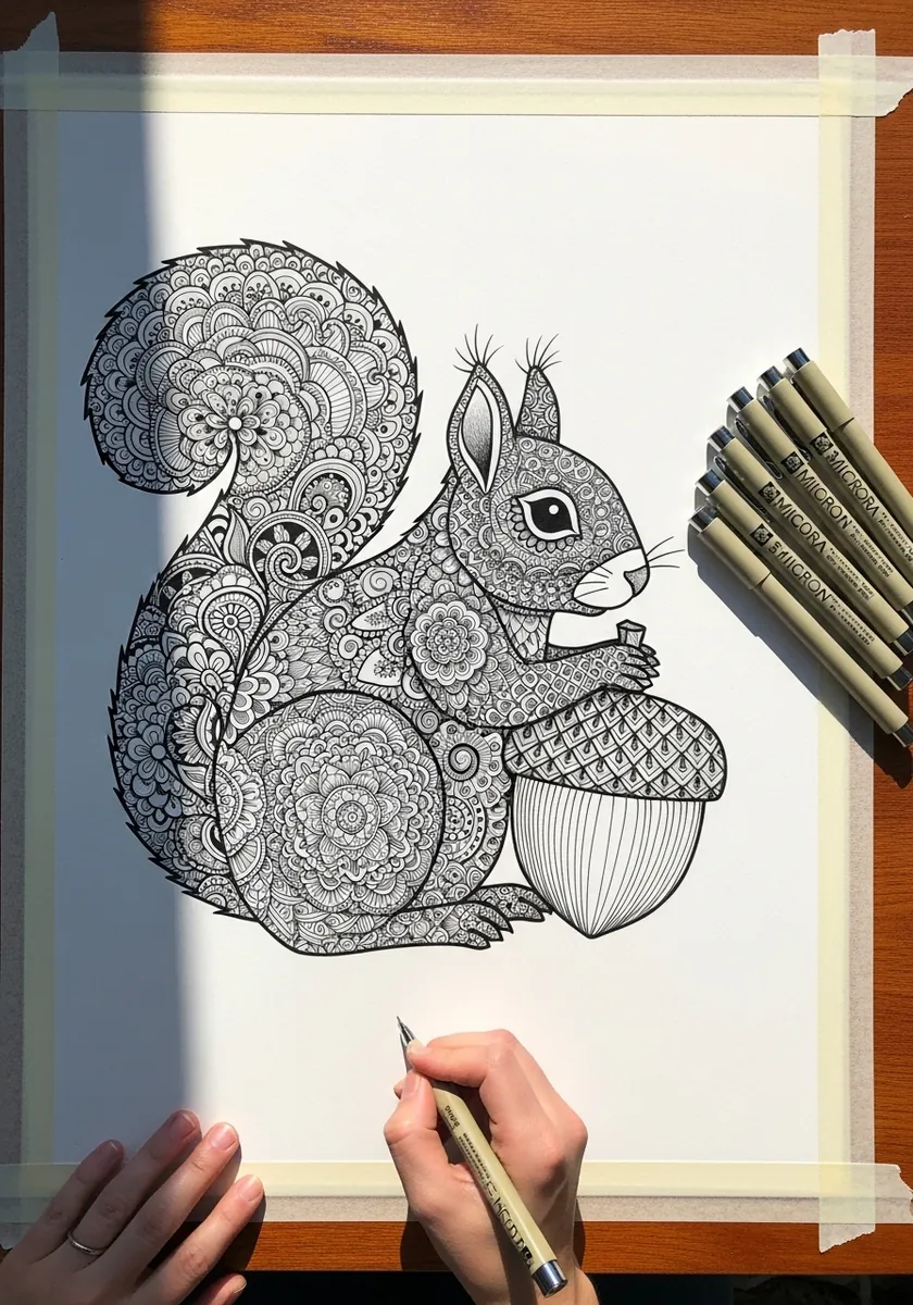 Squirrel drawn as an intricate zentangle pattern with mandalas across the body and tail