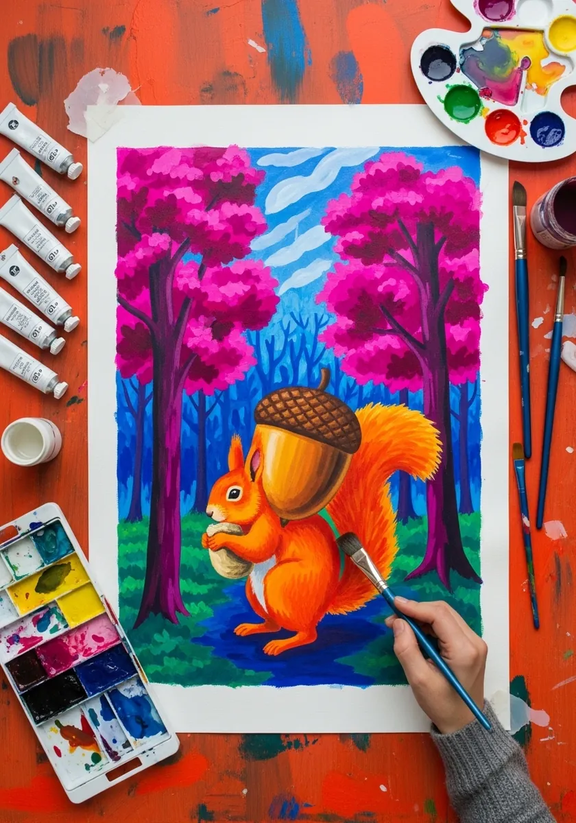 Bold gouache painting of a squirrel with an acorn among bright pink and blue forest trees