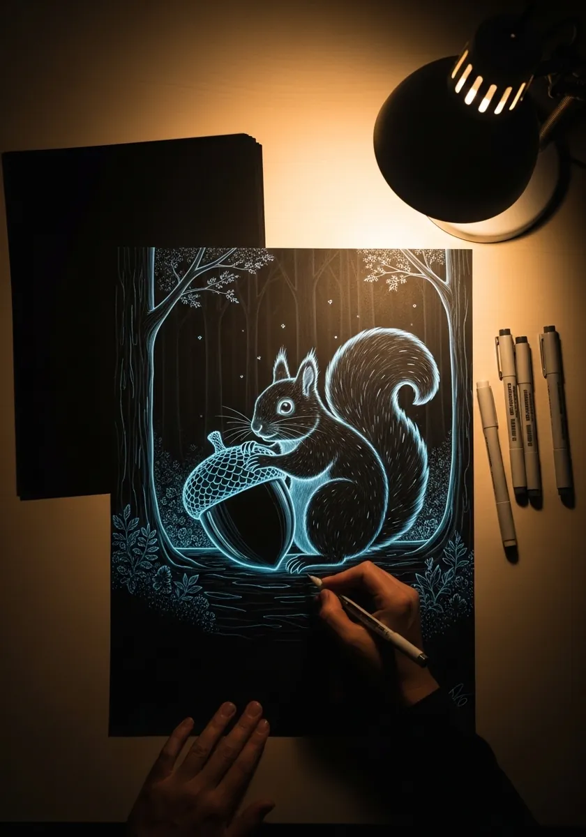 Glowing pale blue chalk drawing of a squirrel holding an acorn on black paper