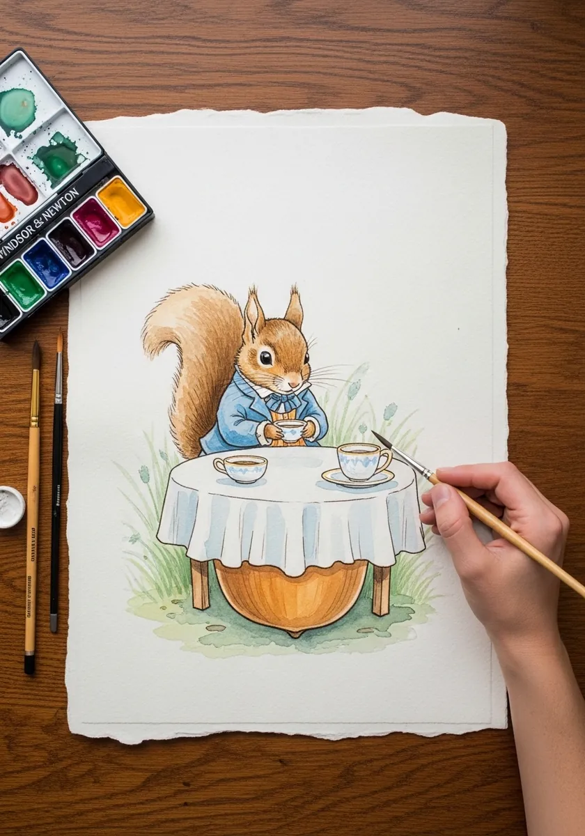 Watercolor squirrel in a blue coat sitting at a table made from a giant acorn