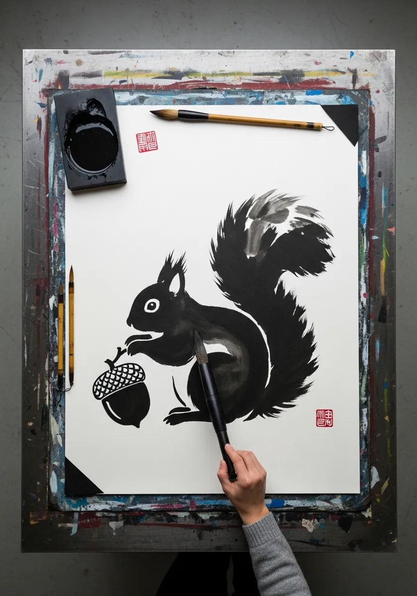 Solid black brush painting of a squirrel with an acorn and a small red stamp on white paper