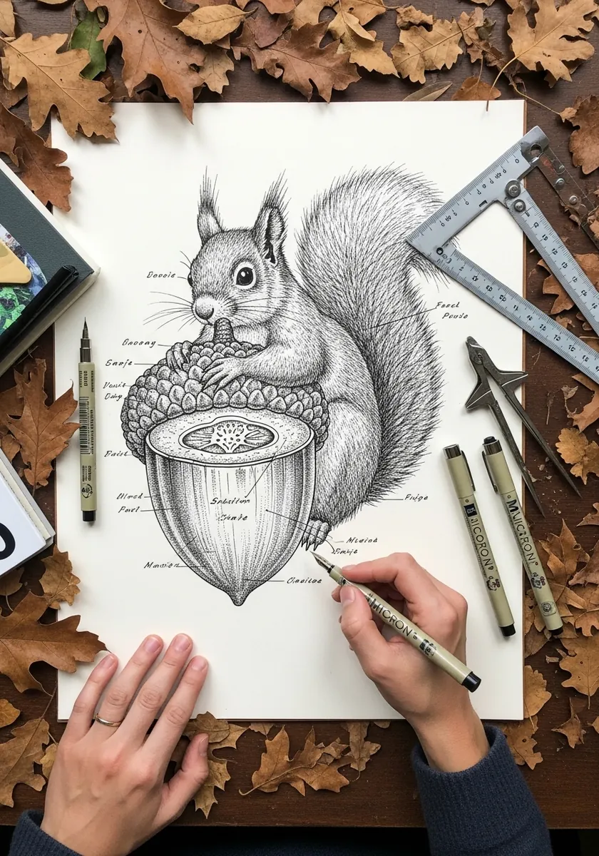 Detailed pencil study of a squirrel and acorn with handwritten annotations and autumn leaves