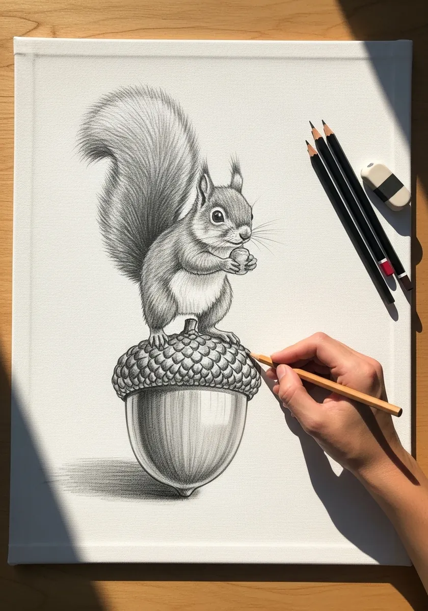 Detailed graphite drawing of a squirrel perched on top of a very large acorn on white paper