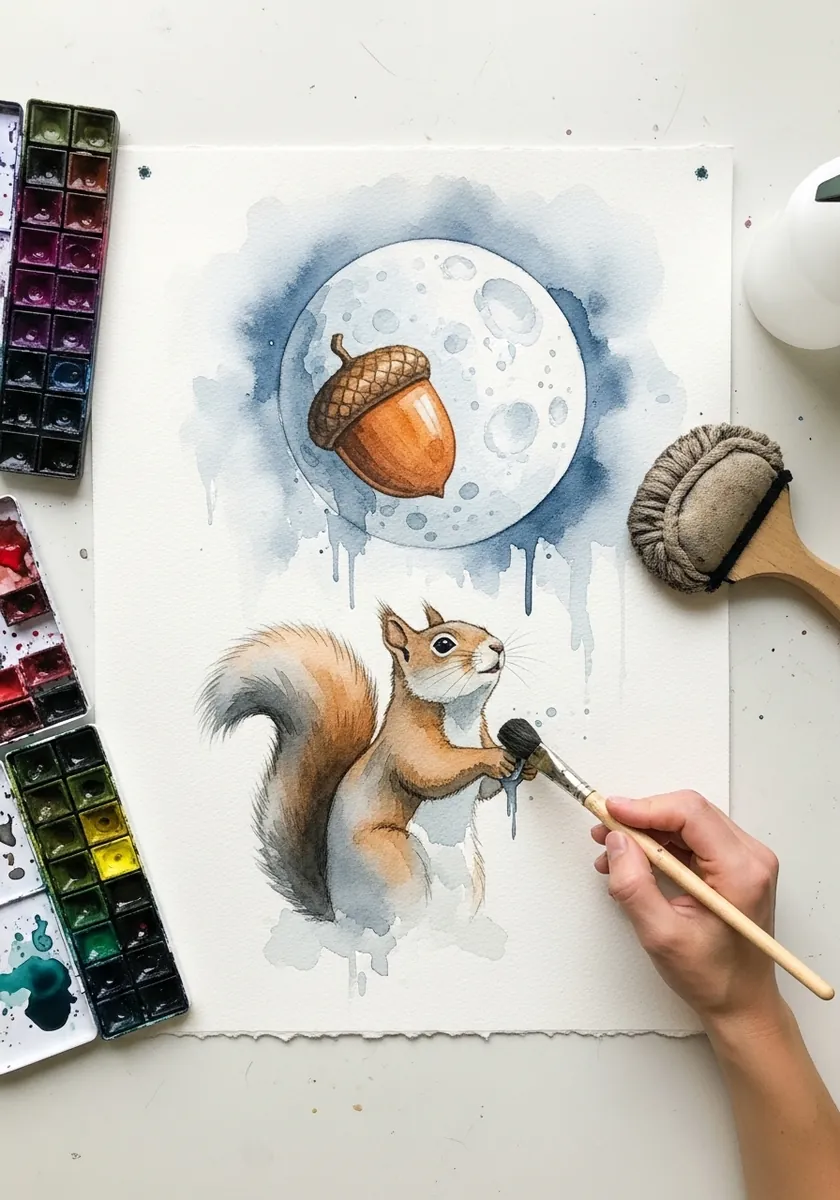 Watercolor squirrel below a pale moon with a large acorn and blue paint running down the page