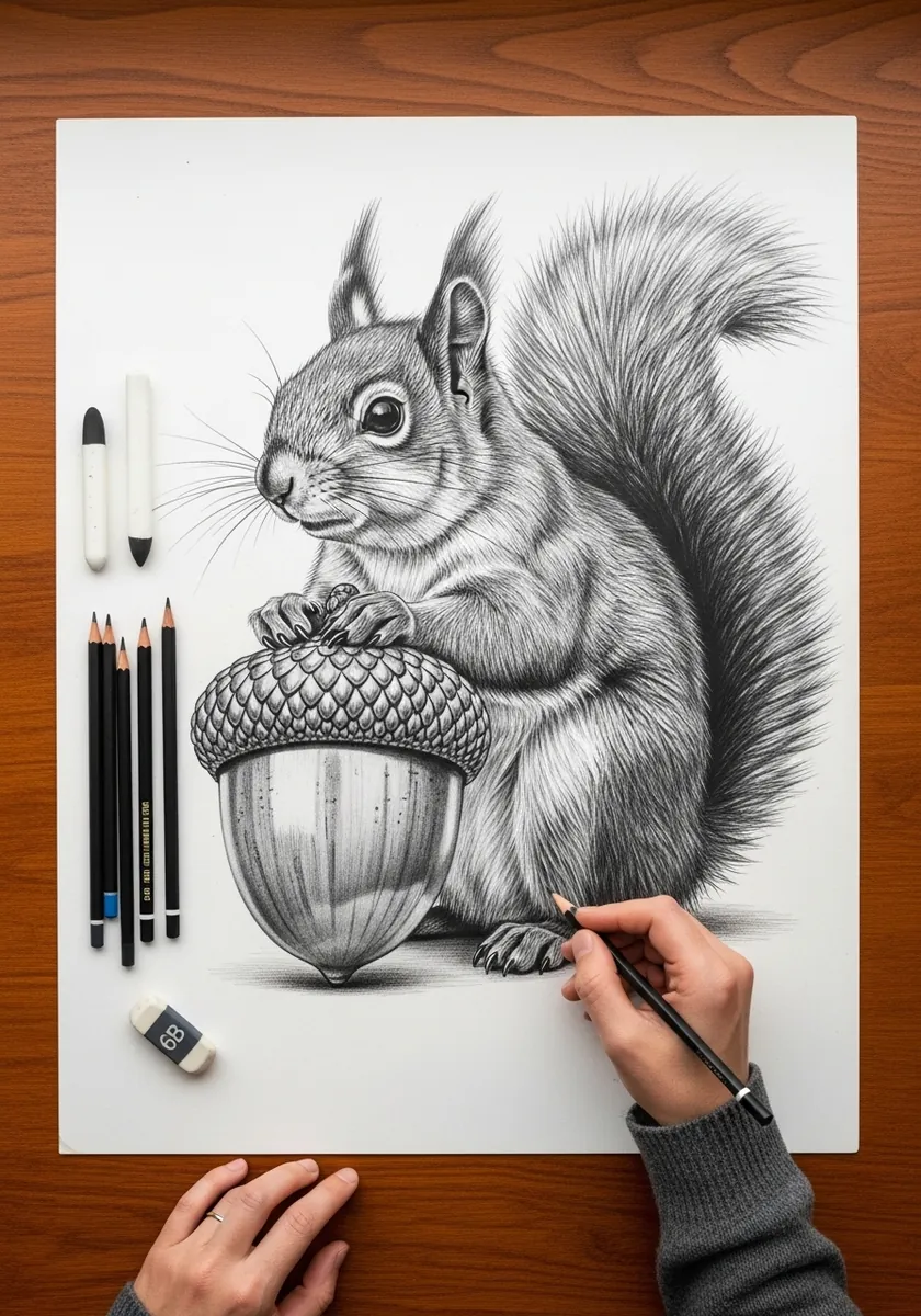 Photorealistic graphite drawing of a squirrel gripping a giant acorn with every hair visible
