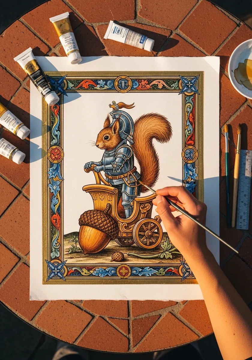 Squirrel dressed as a knight beside an acorn chariot inside an ornate medieval border
