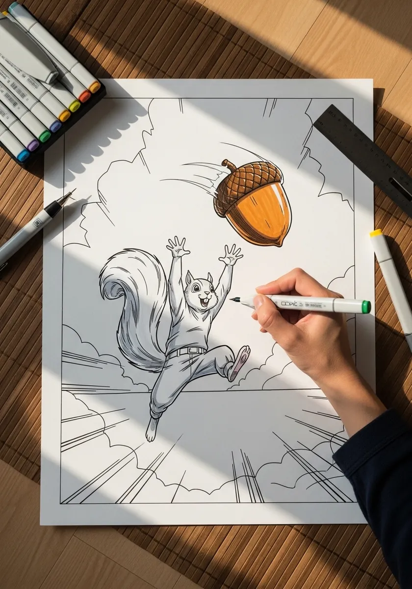 Line drawing of a squirrel leaping to catch a falling acorn with speed lines behind it