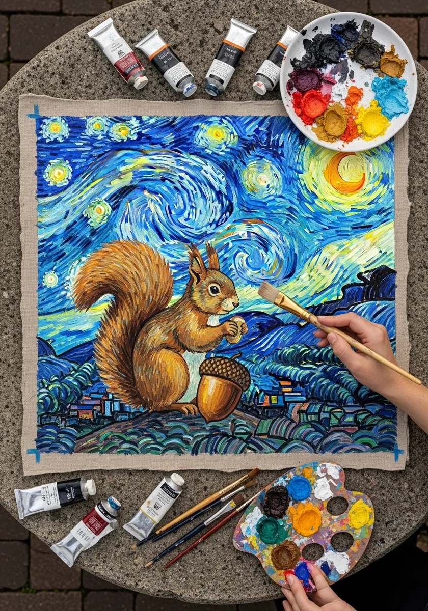 Squirrel and acorn painted over a swirling blue night sky in thick expressive brushstrokes